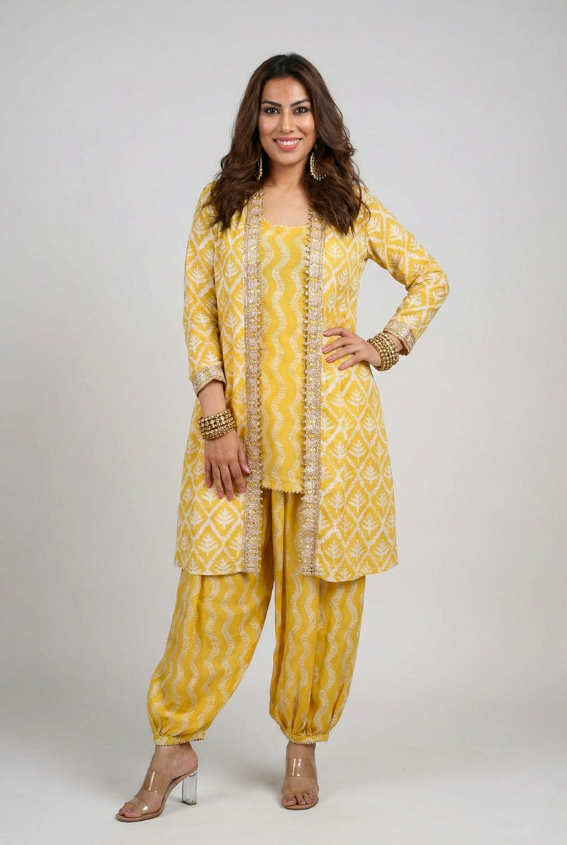 Muslin Yellow Gold Trim Dhoti Jacket Set