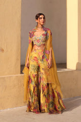 Mustard Floral Organza Bageecha Sharara Set
