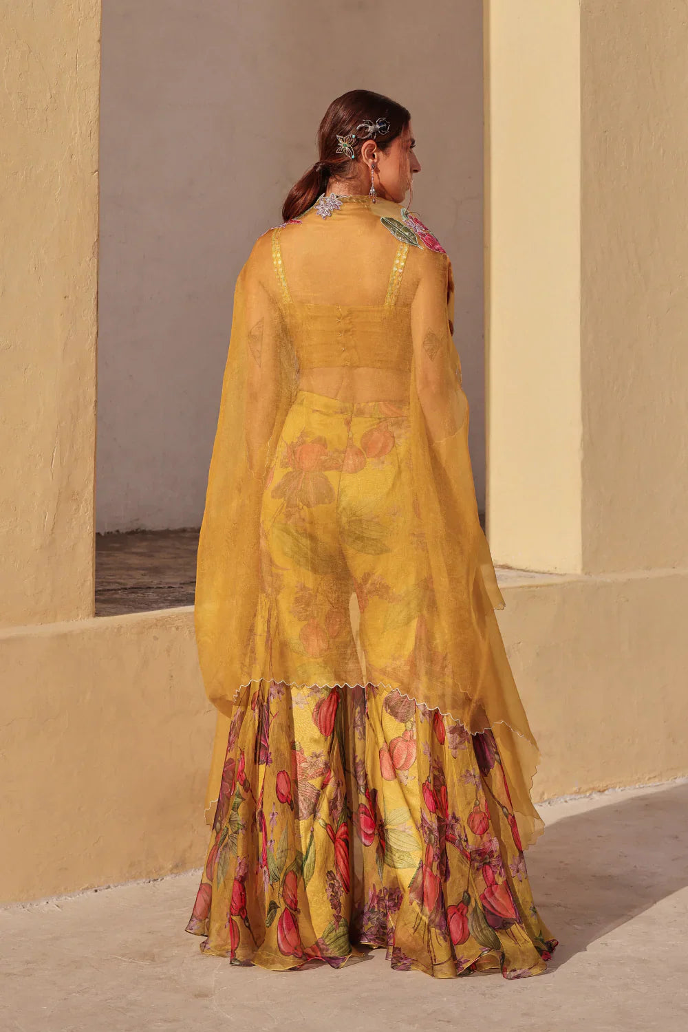 Mustard Floral Organza Bageecha Sharara Set