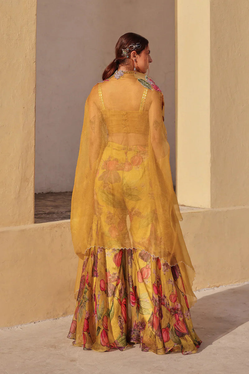 Mustard Floral Organza Bageecha Sharara Set