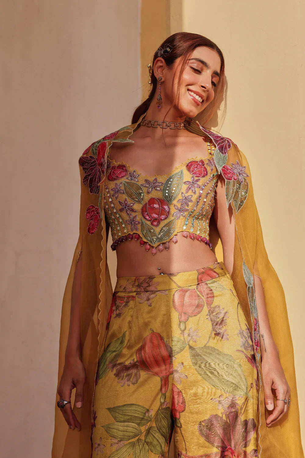 Mustard Floral Organza Bageecha Sharara Set