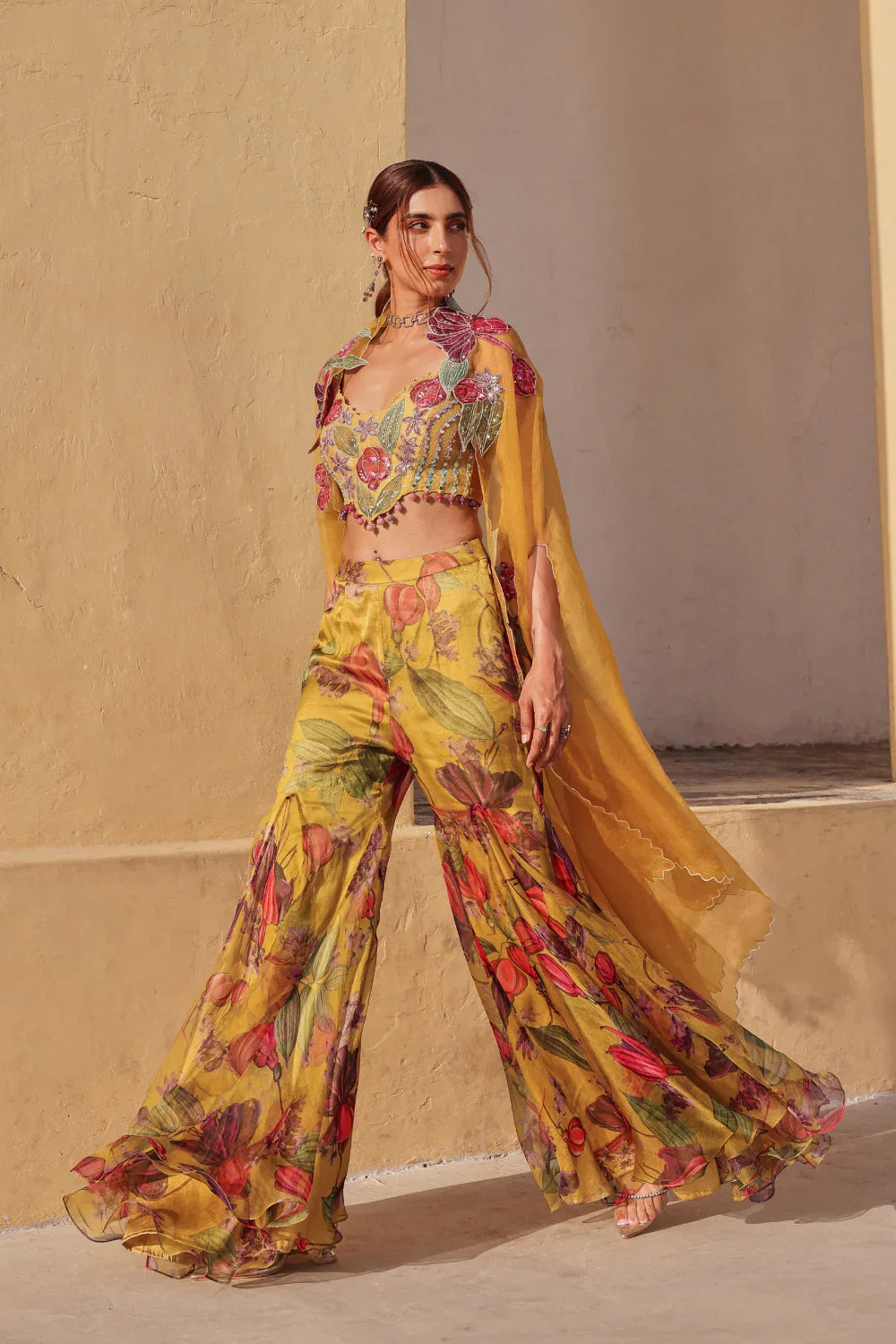 Mustard Floral Organza Bageecha Sharara Set