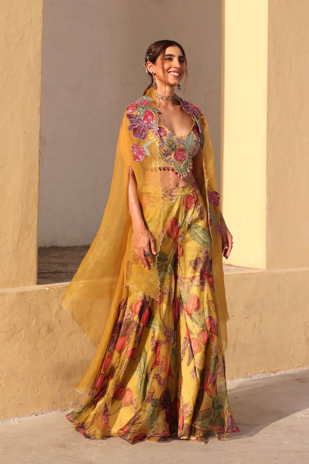 Mustard Floral Organza Bageecha Sharara Set