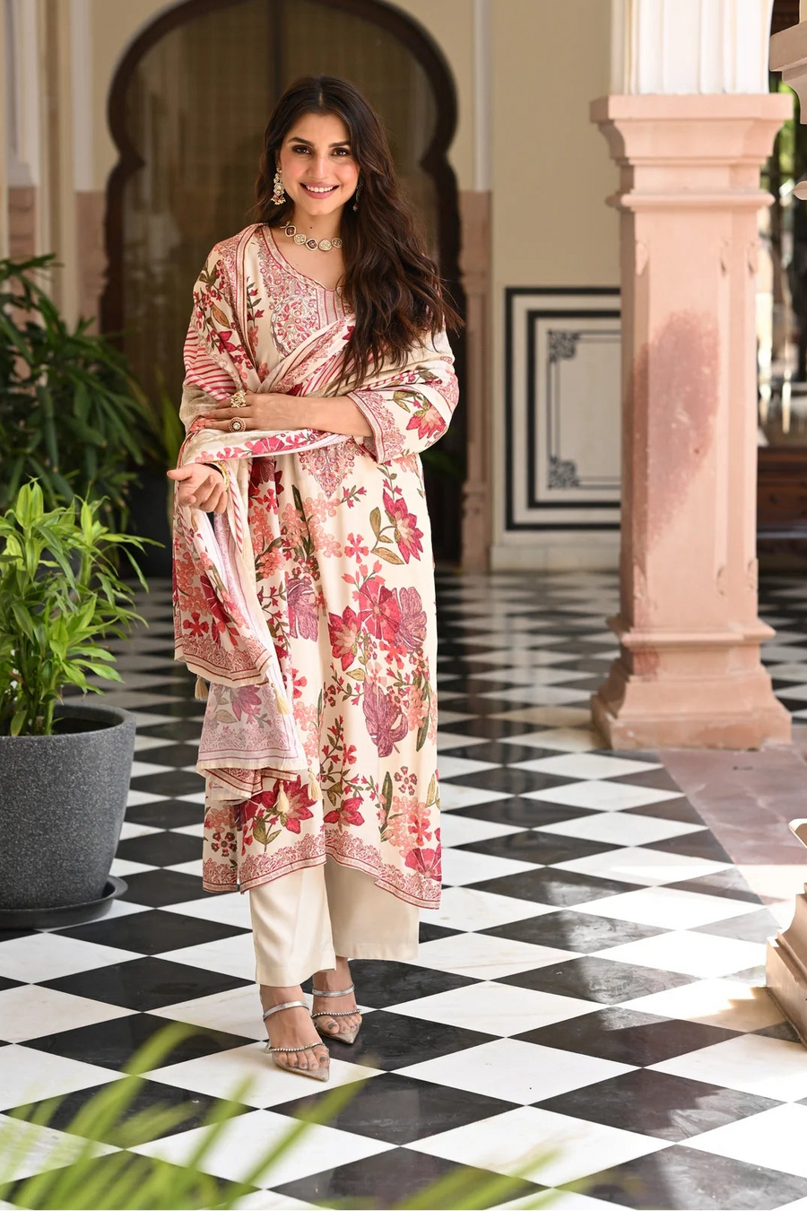 Bollywood Style Floral Embroidered Muslin Suit Set