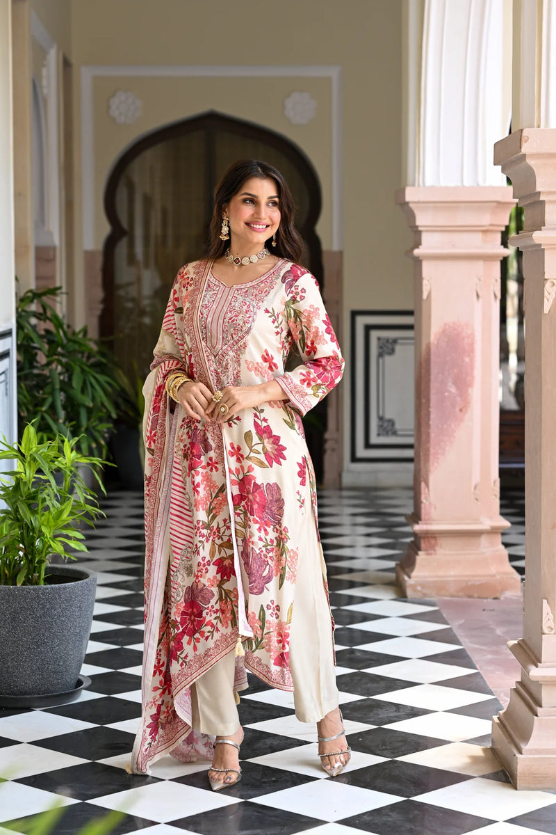 Bollywood Style Floral Embroidered Muslin Suit Set
