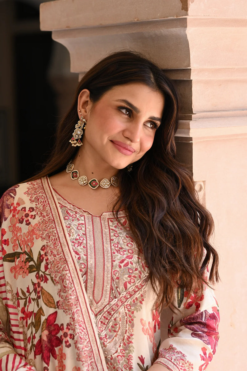 Bollywood Style Floral Embroidered Muslin Suit Set