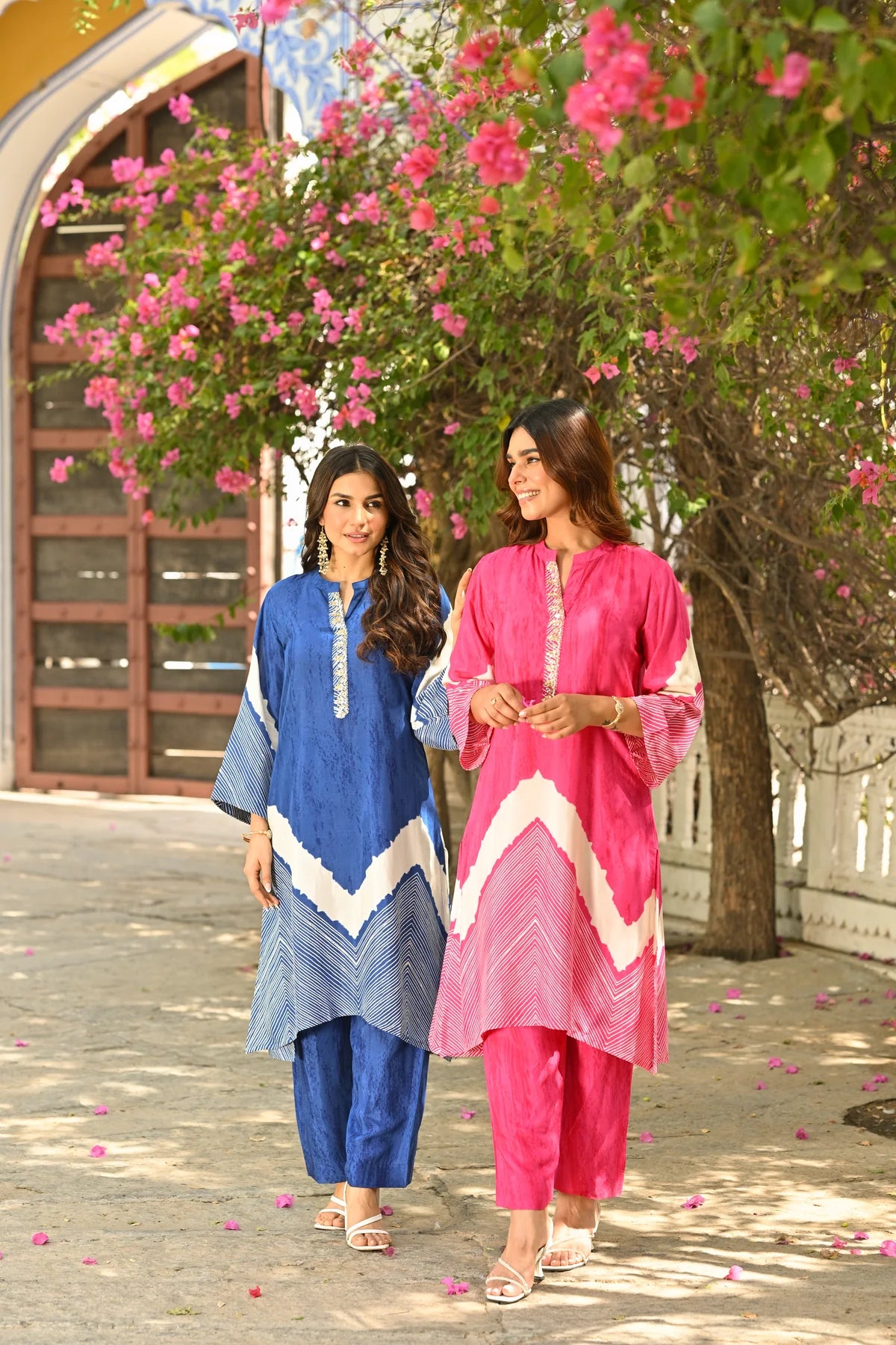 Blue Lehariya Muslin Kurta Set with Gota Work on Neck