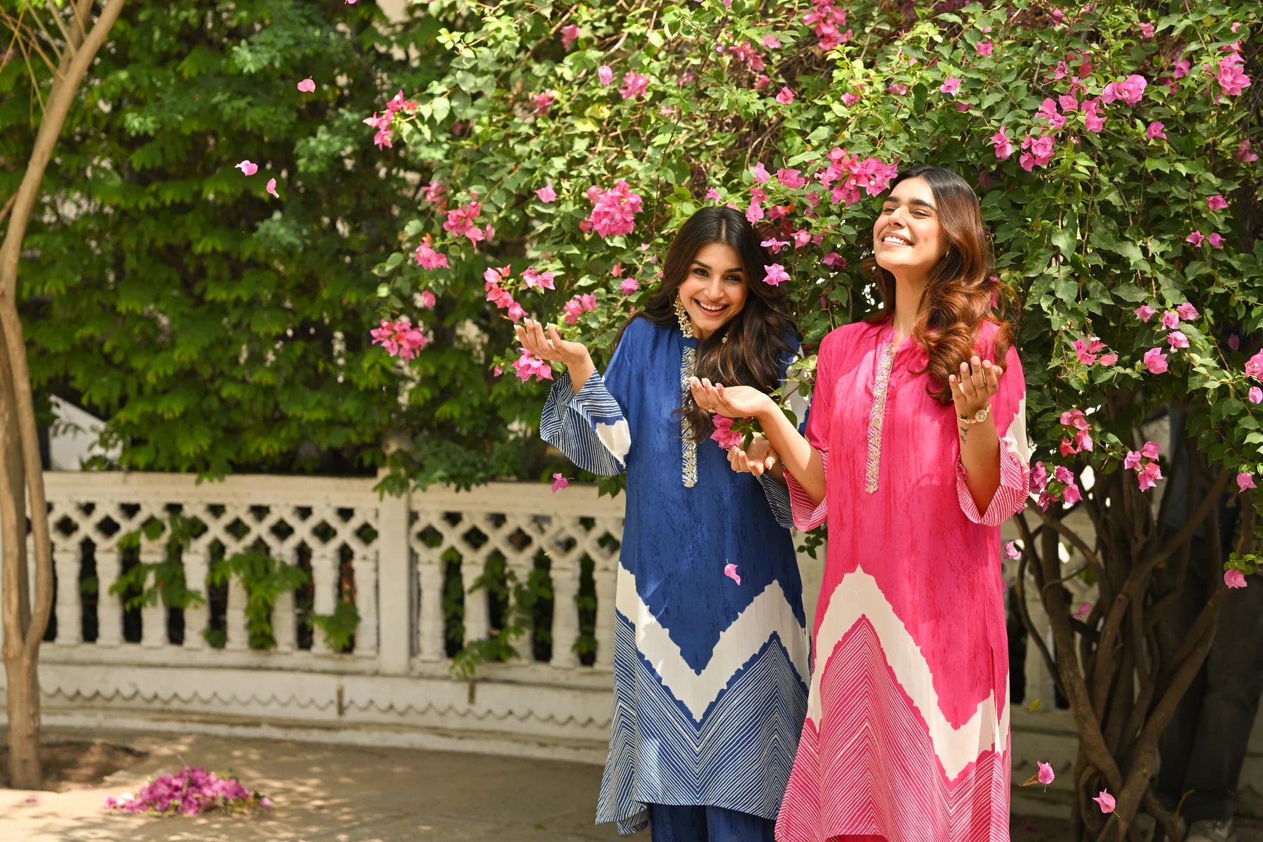 Blue Lehariya Muslin Kurta Set with Gota Work on Neck