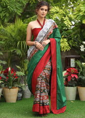 Green Grey Ikat Cotton Saree with Pallu