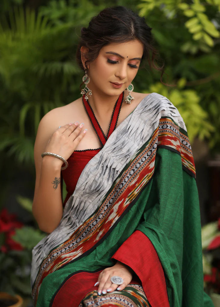 Green Grey Ikat Cotton Saree with Pallu