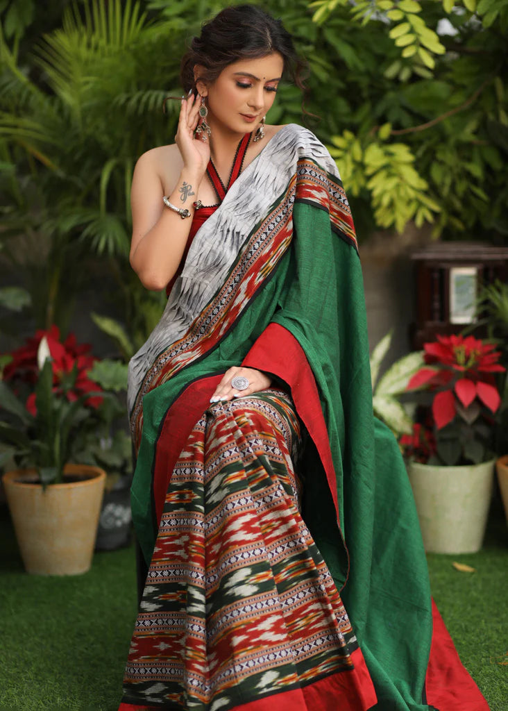 Green Grey Ikat Cotton Saree with Pallu