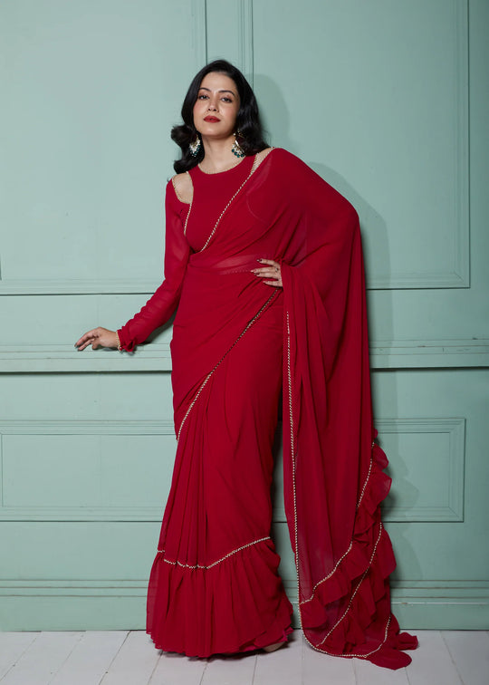 Pre-Draped Frilled Saree with Blouse and Peticoat