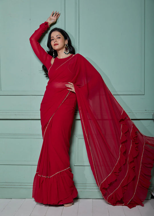 Pre-Draped Frilled Saree with Blouse and Peticoat