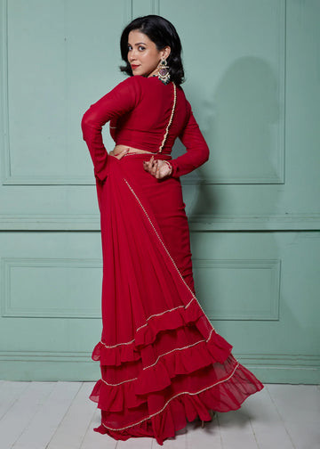 Pre-Draped Frilled Saree with Blouse and Peticoat
