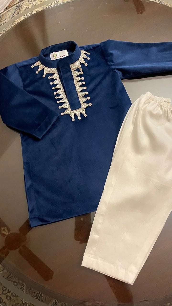 Navy Velvet Boys Kurta Set