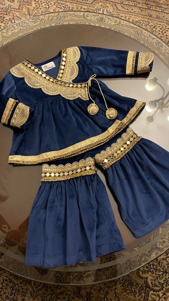Navy Velvet Sharara Set