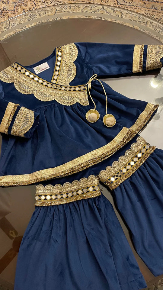 Navy Velvet Sharara Set