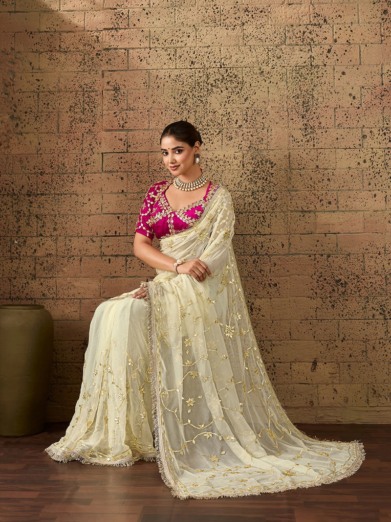 Chiffon Kaccha Gotapatti Work Party Wear Saree with Stitched Angi Blouse
