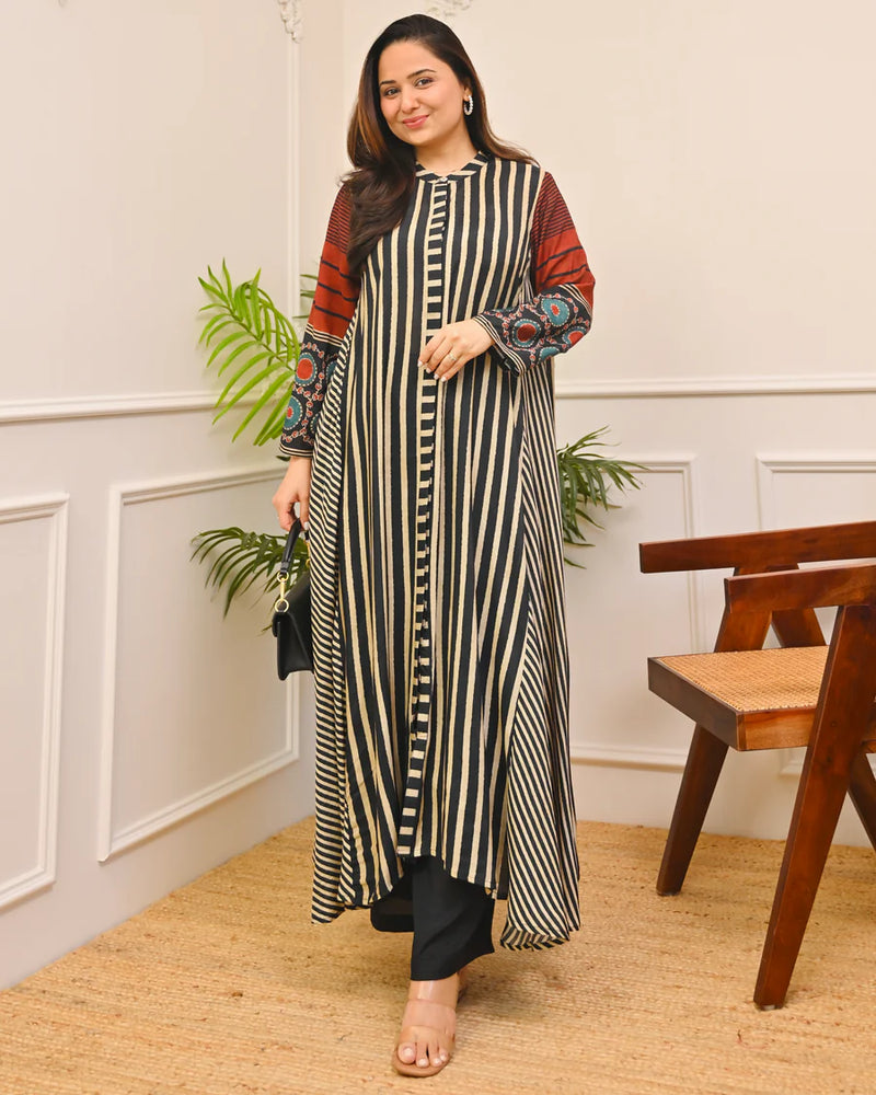 Noir Classic Striped Muse A-Line Muslin Kurta Set