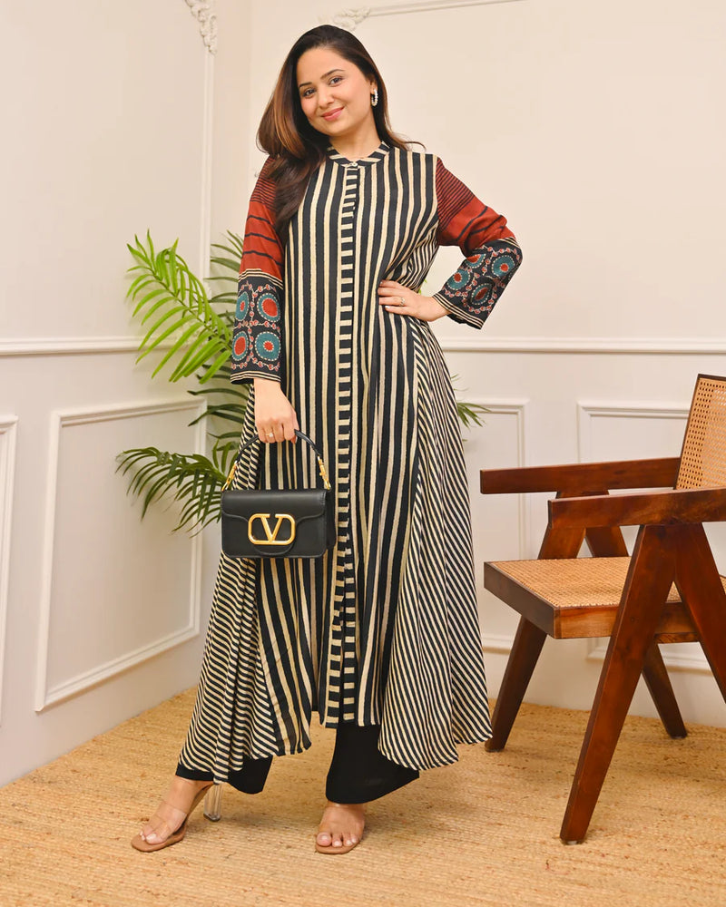 Noir Classic Striped Muse A-Line Muslin Kurta Set