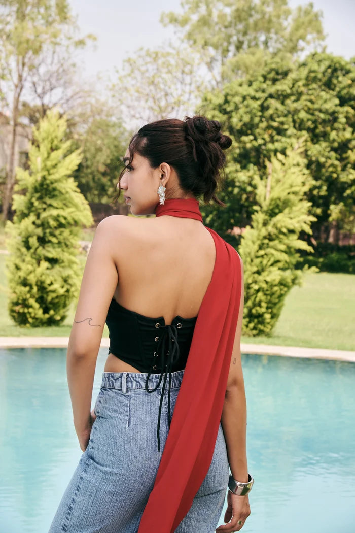 Nerina Noir Corset with Crimson Chiffon Wrap