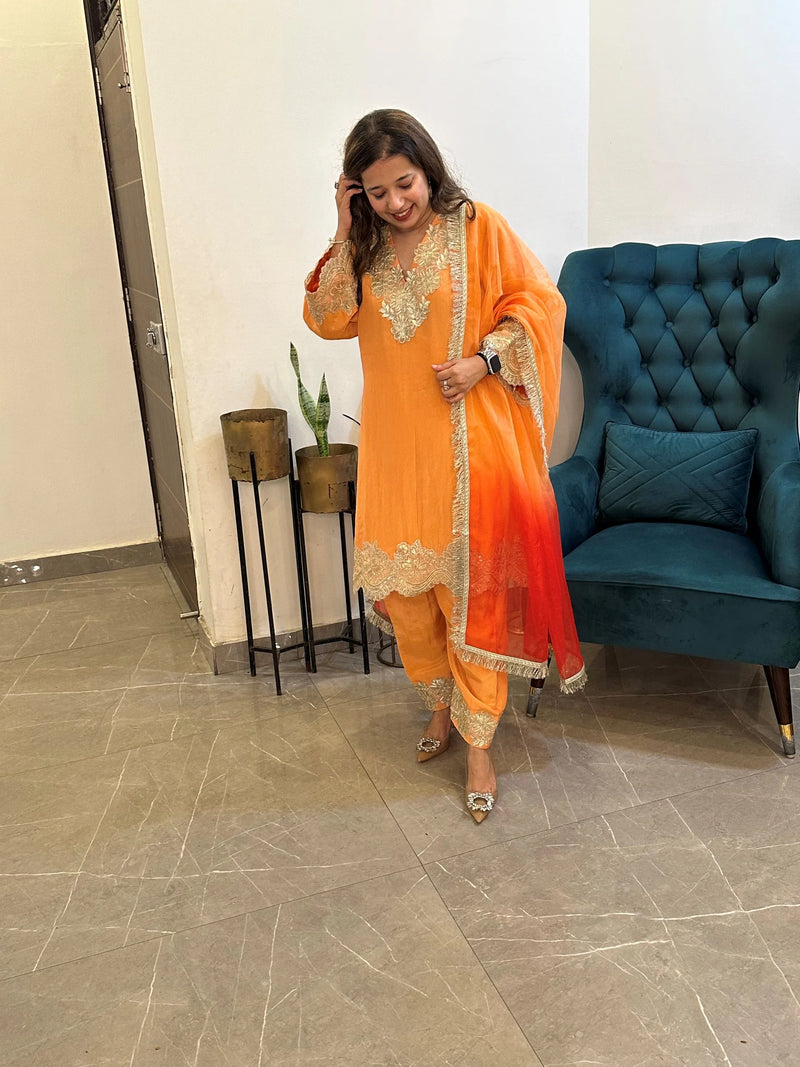 Golden Orange Tissue Scallop Suit Set