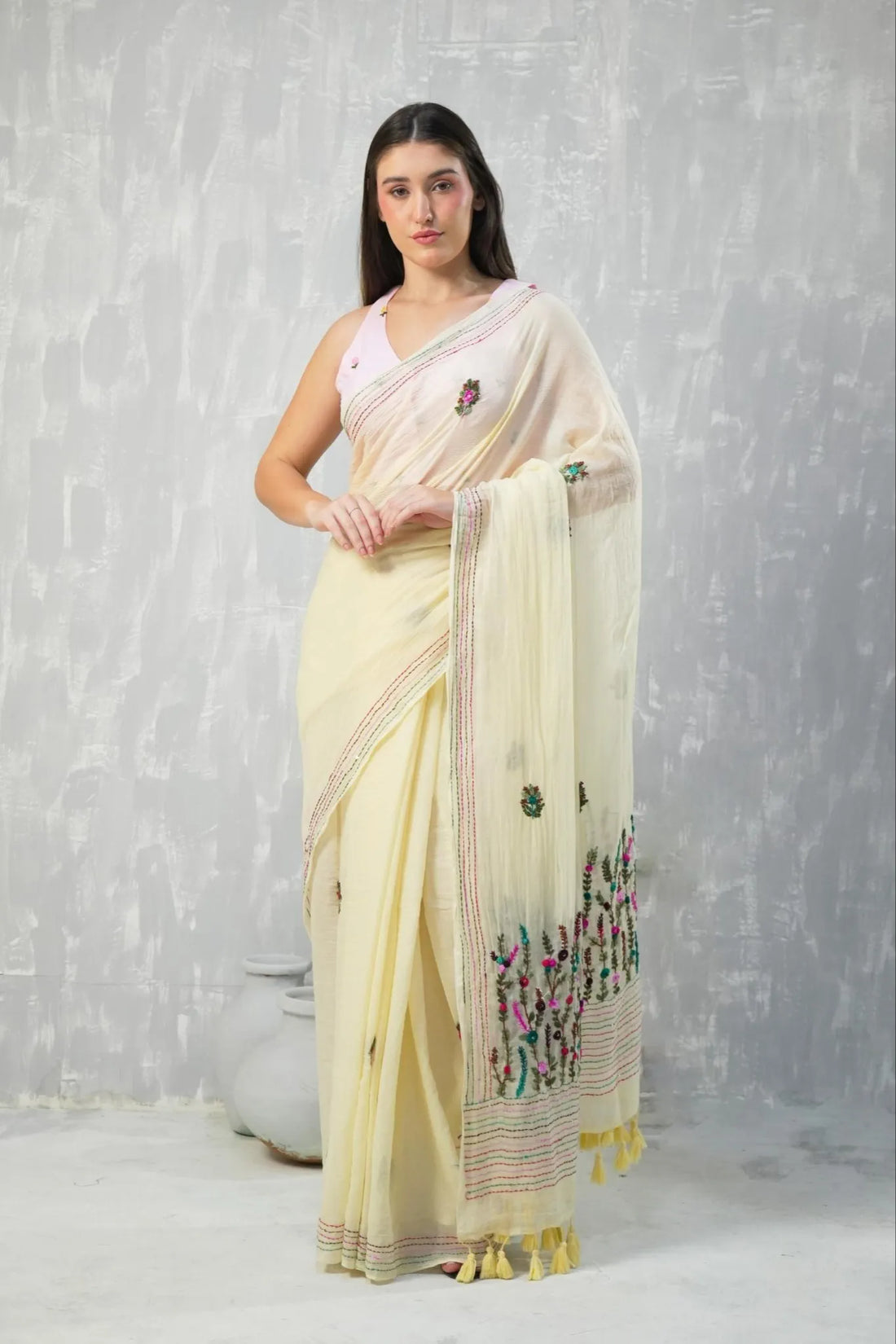 Cream Pure Mul Cotton Kantha Embroidered Saree