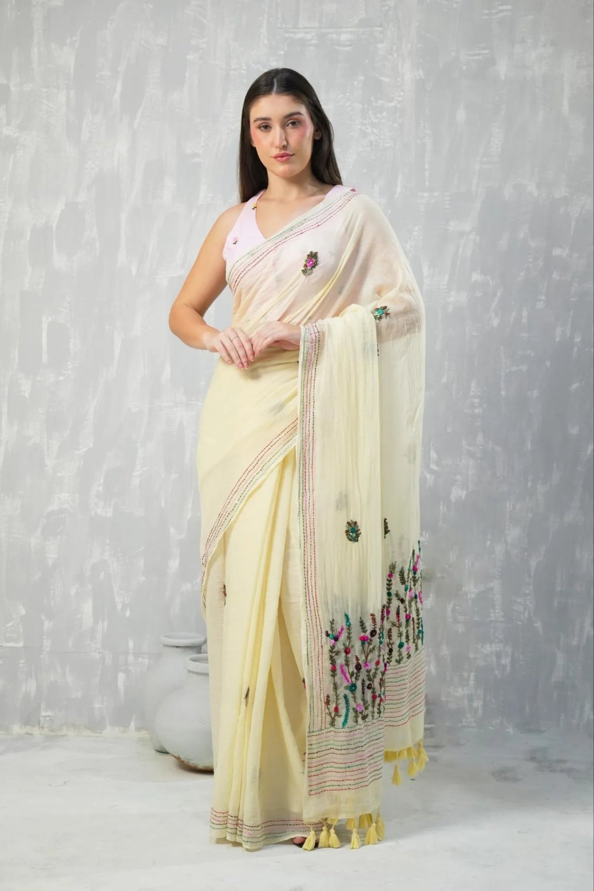 Cream Pure Mul Cotton Kantha Embroidered Saree