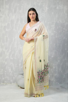 Cream Pure Mul Cotton Kantha Embroidered Saree