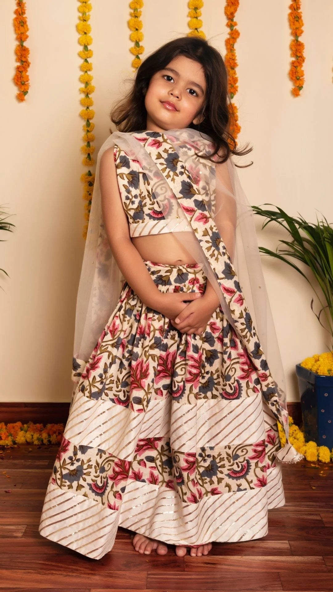 Off-White Garden Rose Lehenga Set Girls Kids