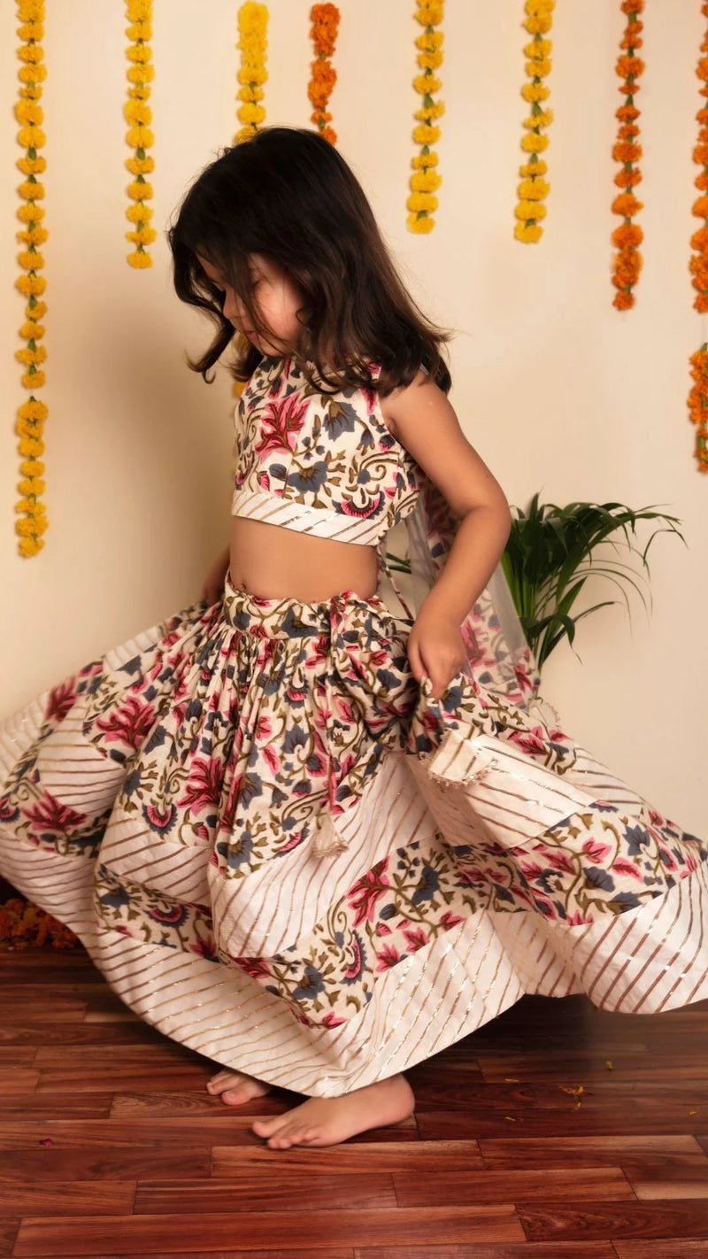 Off-White Garden Rose Lehenga Set Girls Kids