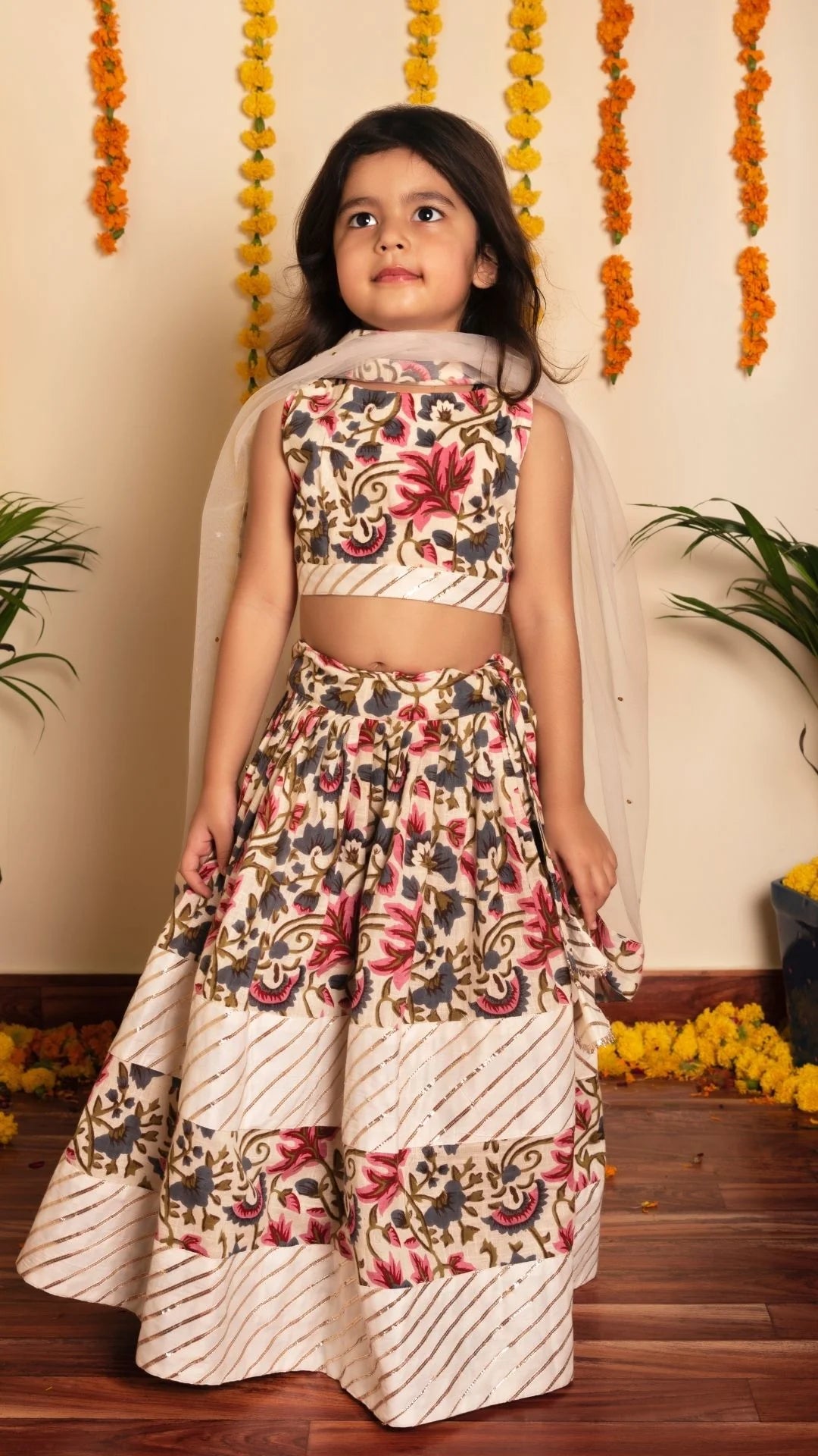 Off-White Garden Rose Lehenga Set Girls Kids