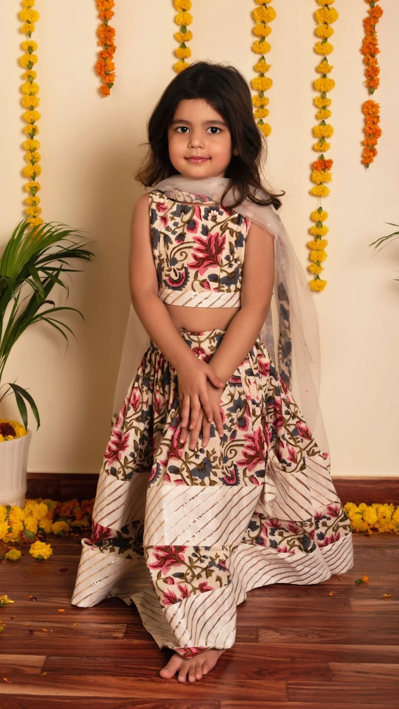 Off-White Garden Rose Lehenga Set Girls Kids