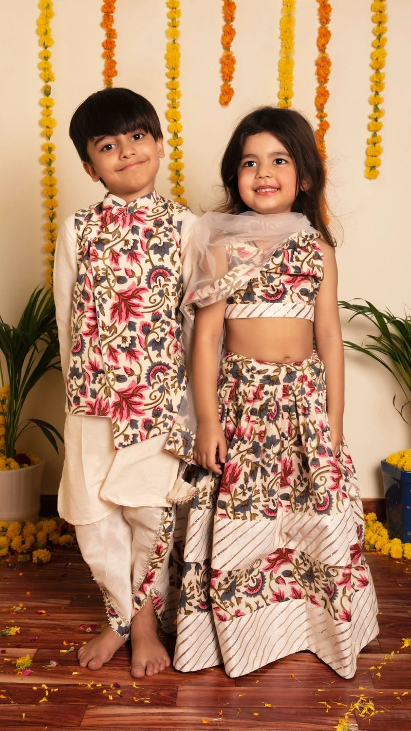Off-White Garden Rose Lehenga Set Girls Kids