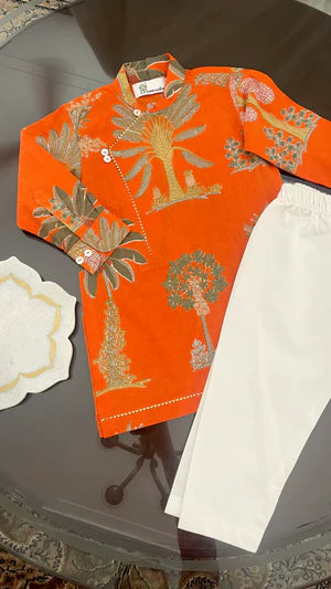 Orange Kottayam Kids Kurta Pyjama Set