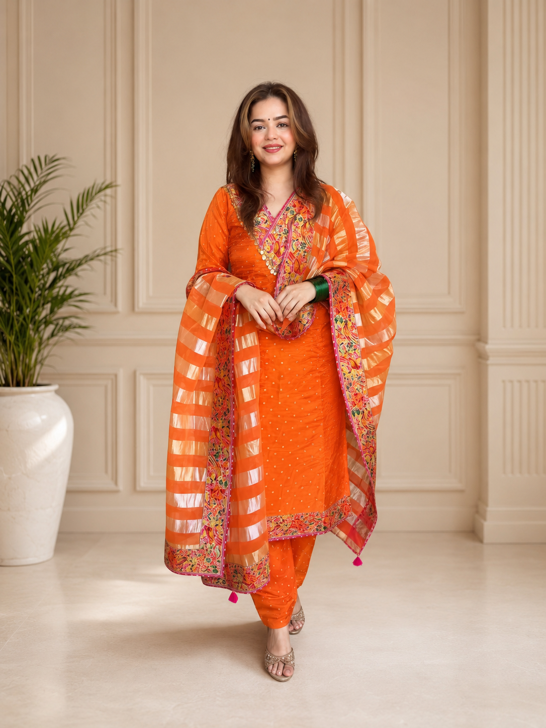 Orange Tissue Meenakari Suit Set