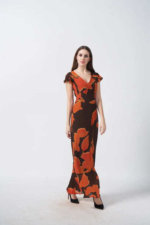 Orange and Brown Ankle-length Crepe Dress