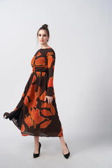 Orange and Brown Long Sleeves Midi Dress