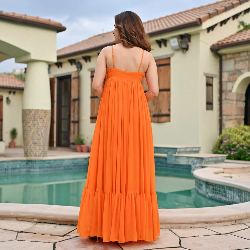 Georgette Orange Zinnia Bow Long Dress
