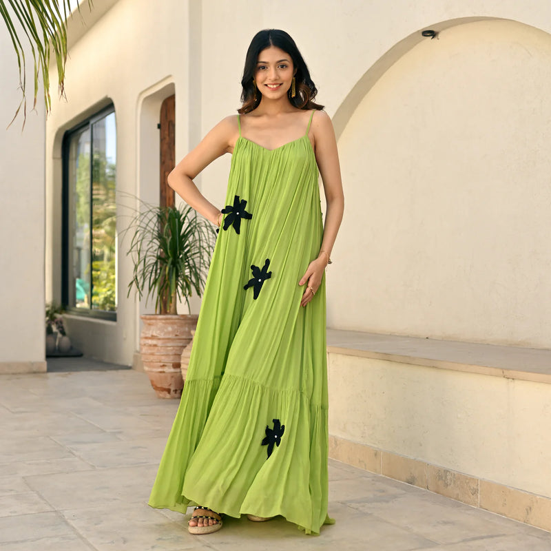 Garden Whimsy Lime Bloom Long Dress