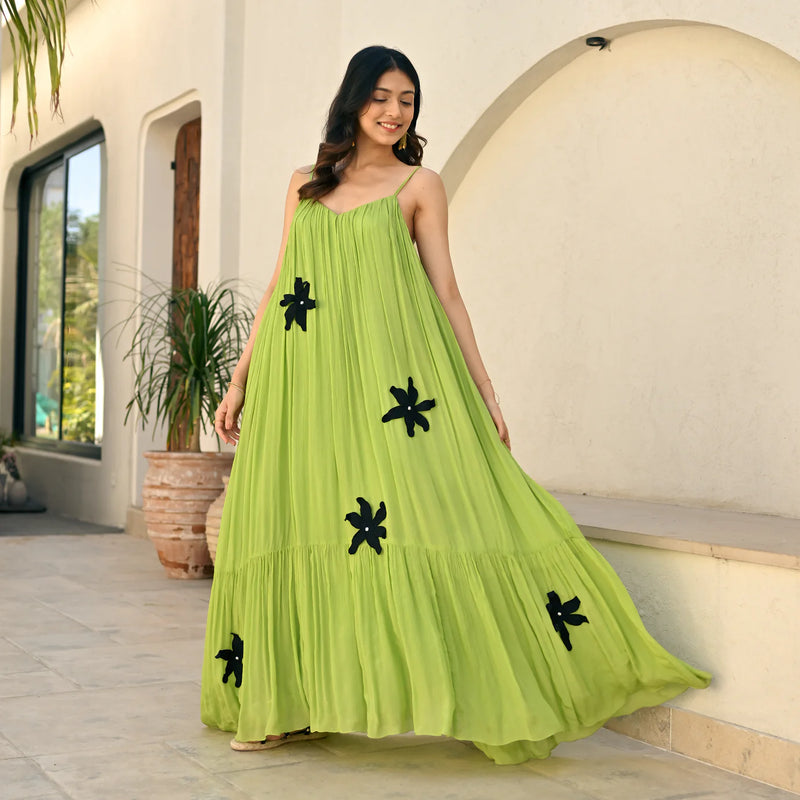 Garden Whimsy Lime Bloom Long Dress