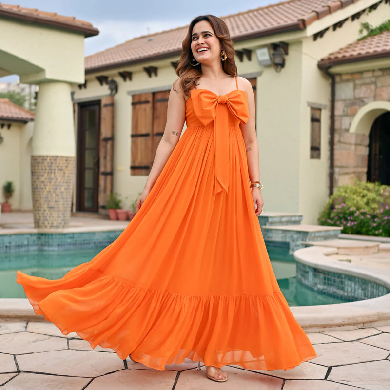 Georgette Orange Zinnia Bow Long Dress