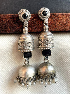Oxidized Silver Jhumki Earrings with Monalisa Stone