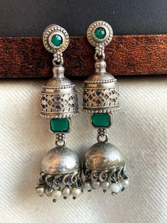 Oxidized Silver Jhumki Earrings with Monalisa Stone