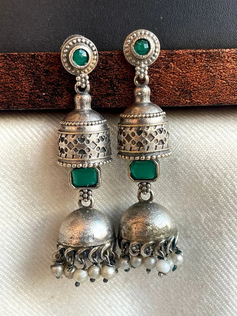 Oxidized Silver Jhumki Earrings with Monalisa Stone