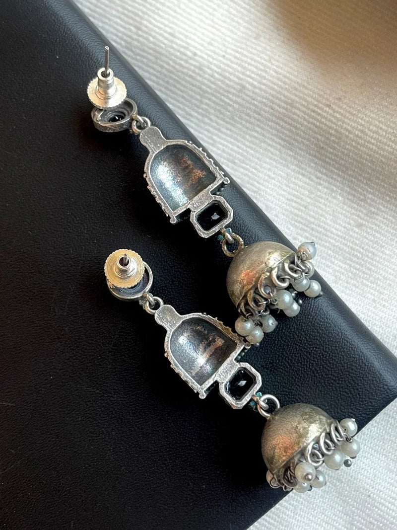 Oxidized Silver Jhumki Earrings with Monalisa Stone