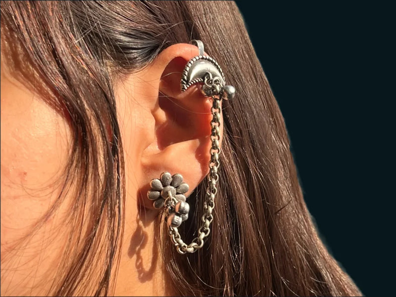 Oxidized Silver Jhumki Earrings with Monalisa Stone