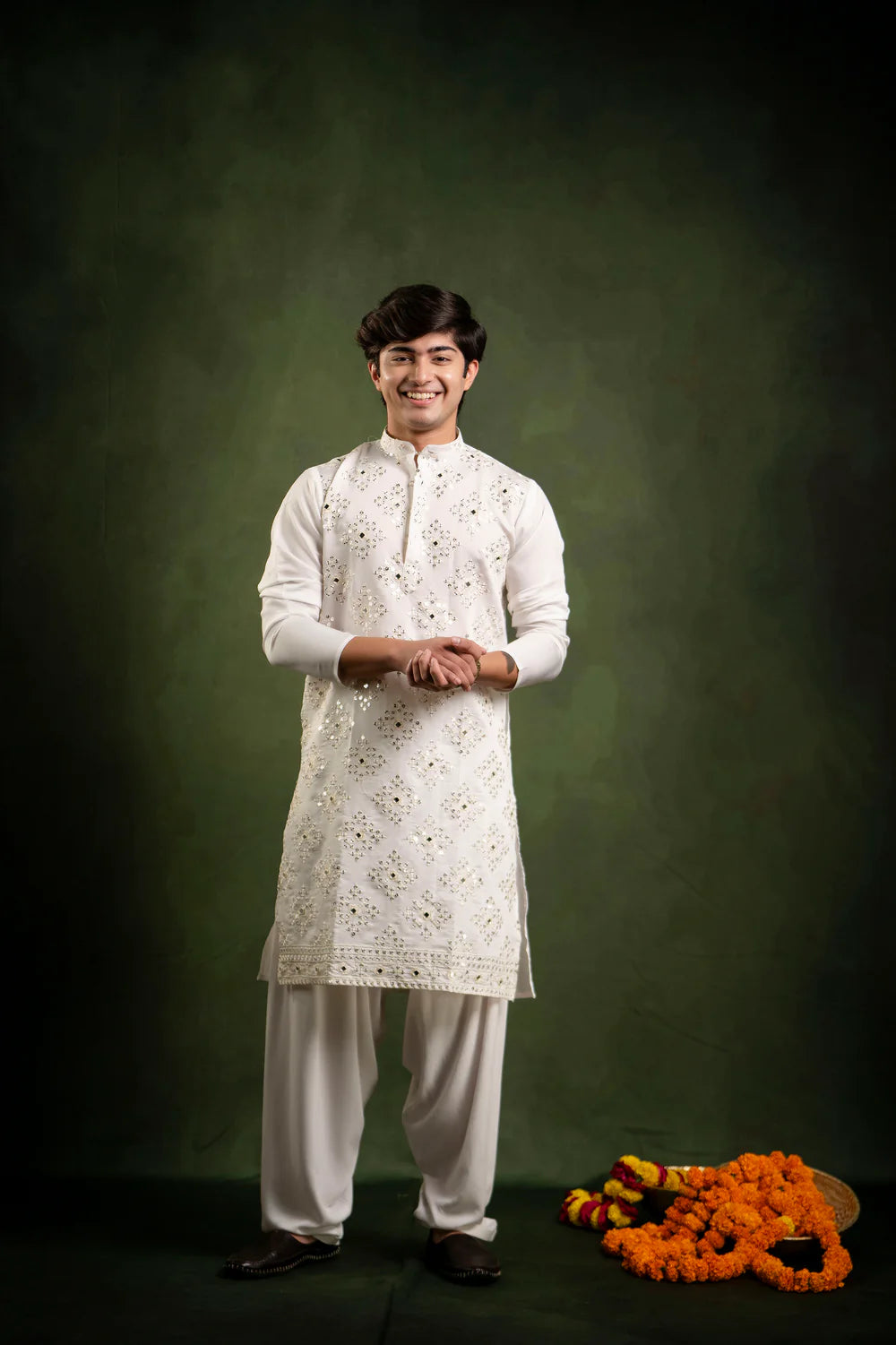 White Mirror Sequin Embroidered Pearl Kurta