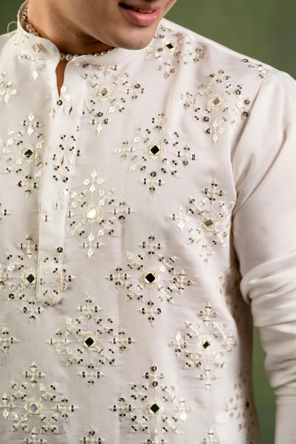 White Mirror Sequin Embroidered Pearl Kurta