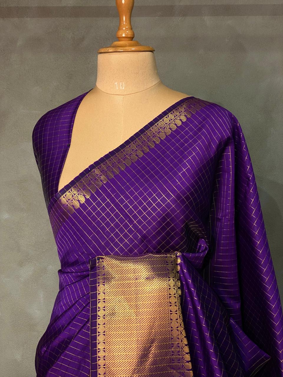 Royal Purple Semi Banarasi Check Saree